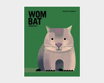 WOMBAT, Wildlife of Australia, Nursery Art Prints, Green Wombat, Kids Educational Poster, Gender Neutral Art, Retro Vintage Animal Prints