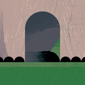 May include: Abstract geometric art print with a black archway, green triangle, and black circles on a pink and green background.