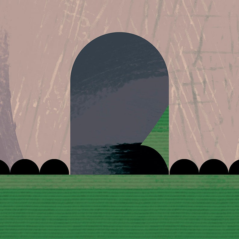 May include: Abstract geometric art print with a black archway, green triangle, and black circles on a pink and green background.