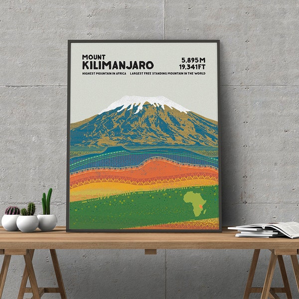 KILIMANJARO, Roof of Africa Mountain Print, Mt Kilimanjaro Adventure Art Poster, Mountain Climbing, Tanzania Art, African Wall Art Print,