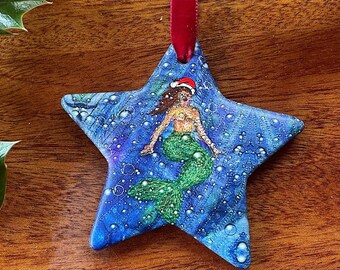 Ceramic star christmas tree decoration. Mermaid bubbles embroidery art print by Juliet Turnbull