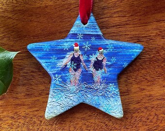 Ceramic star christmas tree decoration. Winter swimming friends embroidery art print by Juliet Turnbull