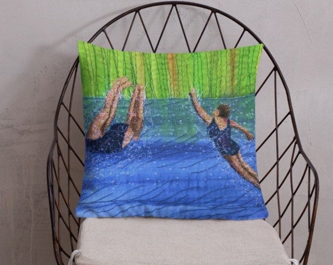Featured listing image: Cushion river swimming friends ‘After swim playtime’ embroidery art print  premium Pillow  MADE TO ORDER