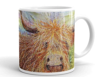 Ceramic Mug.  Highland Cow embroidery art design 11oz  By Juliet Turnbull