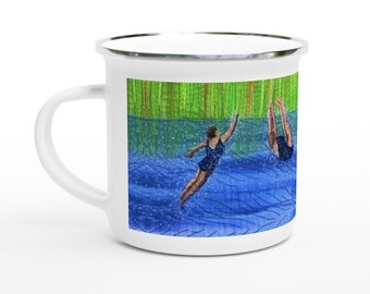 Enamel Mug After swim playtime embroidery art print by Juliet Turnbull