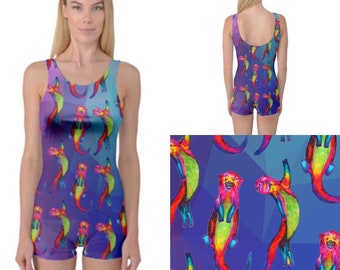 Scoop back shorts swimming costume. Otters Ottering on blue / purple art swimsuit by Juliet Turnbull. MADE TO ORDER