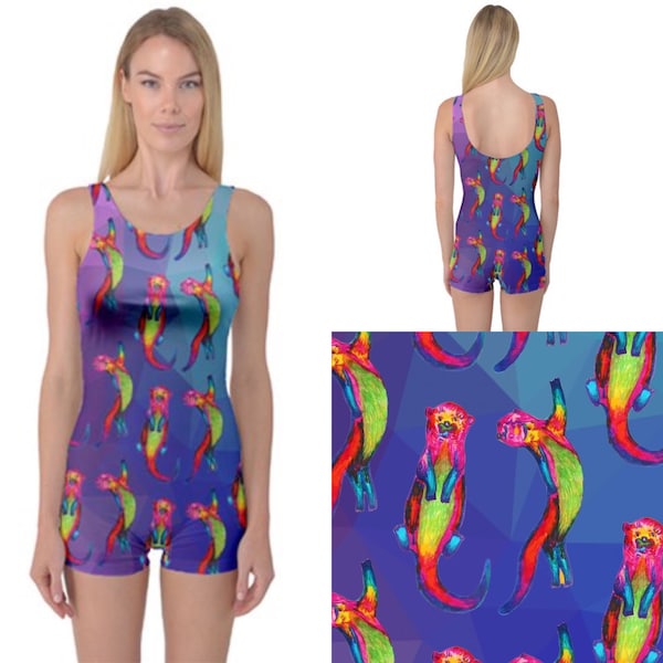 Scoop back shorts swimming costume. Otters Ottering on blue / purple art swimsuit by Juliet Turnbull. MADE TO ORDER