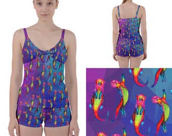 Tankini set, boyleg with adjustable straps.  Otters Ottering on purple / blue hues art swimsuit by Juliet Turnbull. MADE TO ORDER