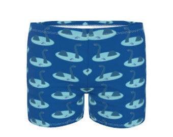 Mens swimming trunks.  Loch Ness monster and swimmer design by Juliet Turnbull. MADE TO ORDER