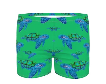 Mens swimming trunks.  Swooshing turtle design by Juliet Turnbull. MADE TO ORDER