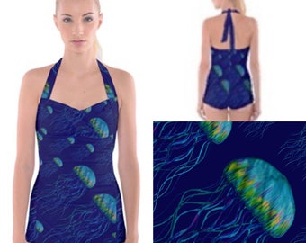 Halter neck retro full coverage shorty  swimming costume. Deep sea jellyfish on blue art swimsuit by Juliet Turnbull. MADE TO ORDER