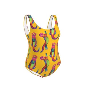 Swimming costume scoop back.  Ottering Otters on Yellow illustration swimsuit MADE TO ORDER