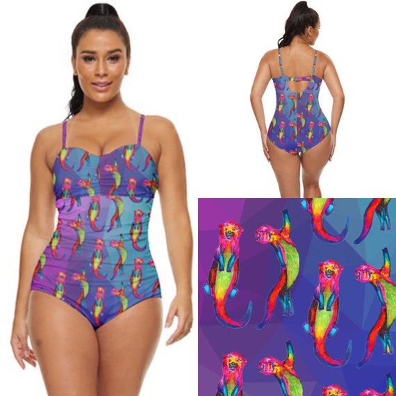 Retro Full Coverage Swimming Costume. Otters Ottering on Purple / Blue Hues  Art Swimsuit by Juliet Turnbull. MADE TO ORDER 