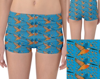 Swim boyleg Shorts. Kingfisher embroidery art by Juliet Turnbull. MADE TO ORDER