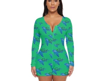 Long sleeved shorts boyleg swimming costume. Swooshing turtles on green art swimsuit by Juliet Turnbull. MADE TO ORDER