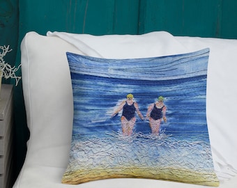 Cushion. Winter swimming friends embroidery art print on premium lounge sofa seat pillow