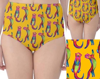 Otters Ottering on yellow art classic high waist bikini bottom by Juliet Turnbull. MADE TO ORDER