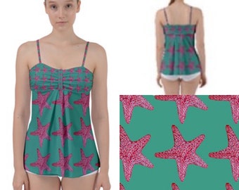 Loose belly tankini top with adjustable straps. Pink starfish embroidery art on teal by Juliet Turnbull. MADE TO ORDER