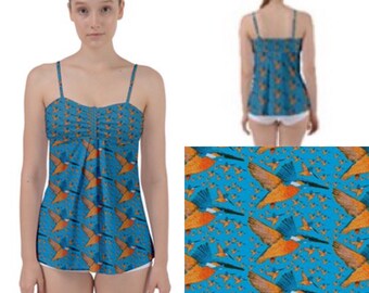 Loose belly tankini top with adjustable straps. Kingfisher bird embroidery art by Juliet Turnbull. MADE TO ORDER