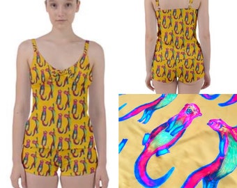 Tankini set, boyleg with adjustable straps.  Otters Ottering on yellow art swimsuit by Juliet Turnbull. MADE TO ORDER