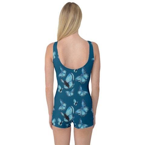 Halter Neck Shorty Retro Full Coverage Swimming Costume. Oyster Catcher  Design on Teal Blue Art Swimsuit by Juliet Turnbull. MADE TO ORDER 