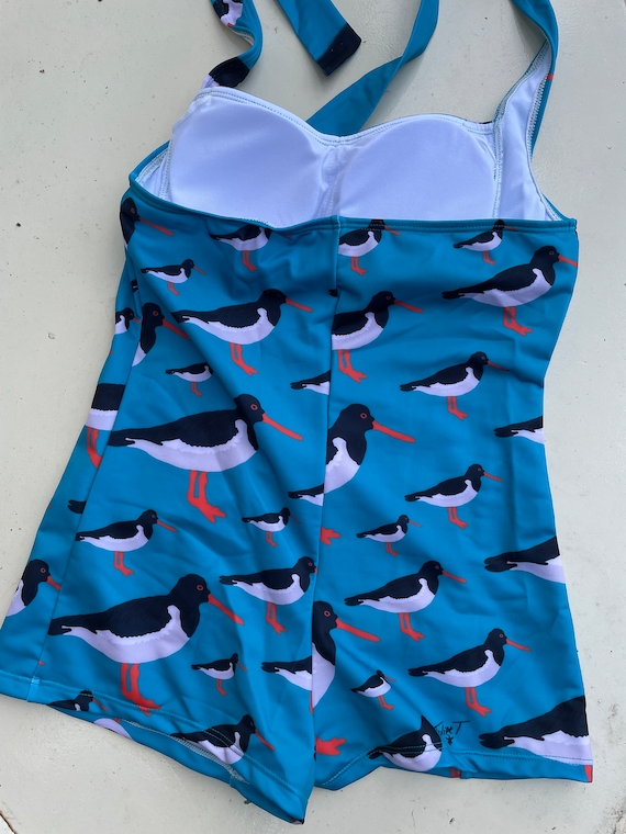 Halter Neck Shorty Retro Full Coverage Swimming Costume. Oyster Catcher  Design on Teal Blue Art Swimsuit by Juliet Turnbull. MADE TO ORDER 