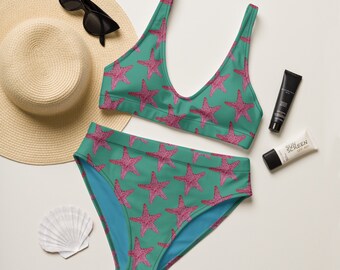 Starfish on teal recycled high-waisted bikini set by Juliet Turnbull MADE TO ORDER