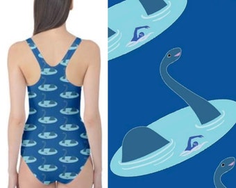 High scoop racer back swimming costume. Loch ness monster with swimmer on blue art swimsuit by Juliet Turnbull. MADE TO ORDER