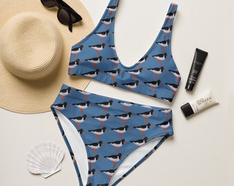 Recycled high-waisted bikini Oyster catcher bird print on blue by Juliet Turnbull