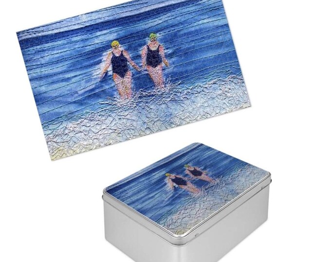 Featured listing image: 1000 piece jigsaw puzzle and tin.  Gift set for outdoor swimmers designed by Juliet Turnbull.  Made to order.