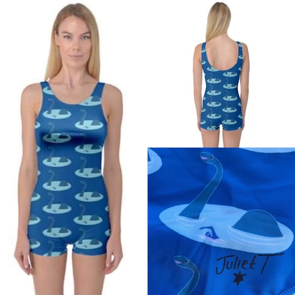 Scoop back shorts swimming costume. Nessy Loch Ness monster with swimmer art swimsuit by Juliet Turnbull. MADE TO ORDER