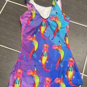 Scoop back shorts swimming costume. Otters Ottering on blue / purple art swimsuit by Juliet Turnbull. MADE TO ORDER image 9