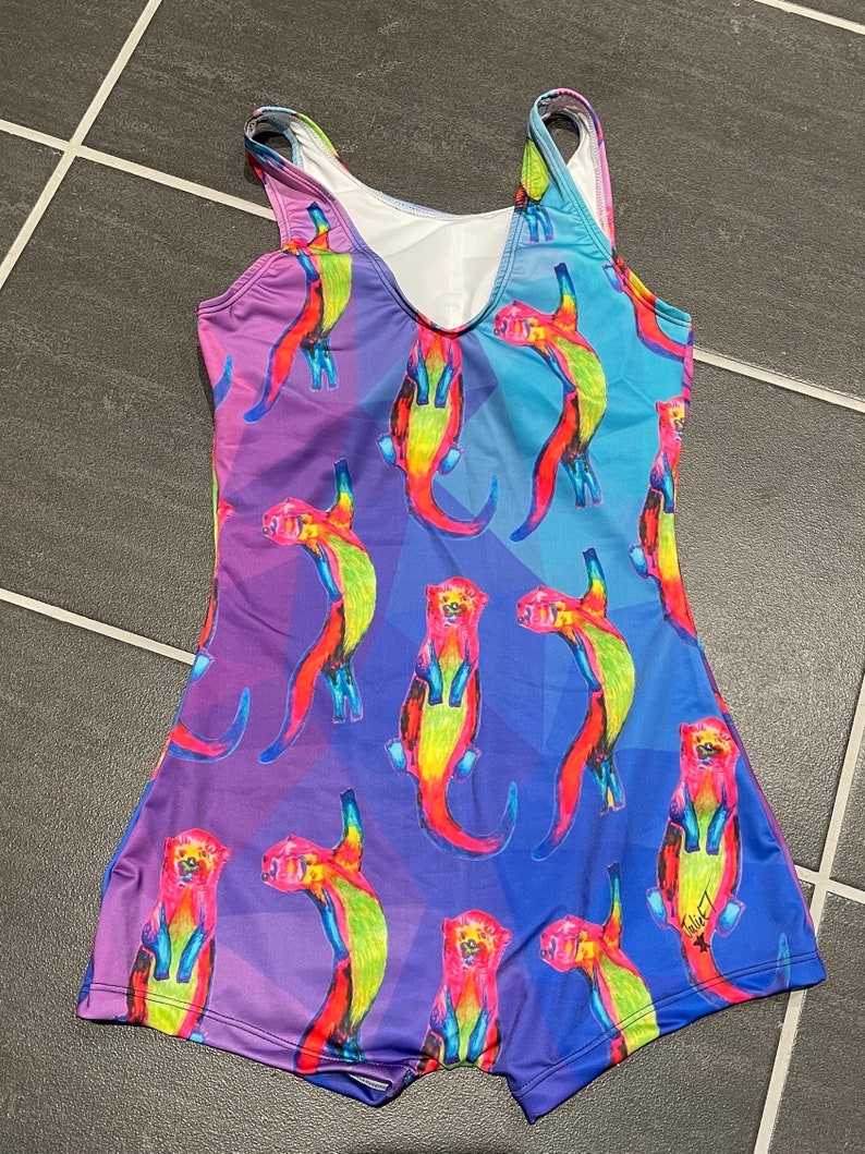 Scoop back shorts swimming costume. Otters Ottering on blue / purple art swimsuit by Juliet Turnbull. MADE TO ORDER image 9