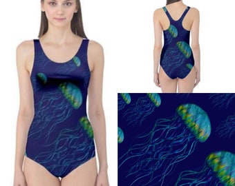 High scoop racer back swimming costume. Deep sea jellyfish on blue art swimsuit by Juliet Turnbull. MADE TO ORDER