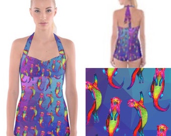 Halter neck retro full coverage shorty  swimming costume. Otters Ottering on purple / blue art swimsuit by Juliet Turnbull. MADE TO ORDER