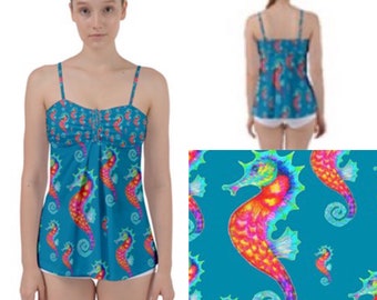 Loose belly tankini top with adjustable straps. Rainbow seahorse art by Juliet Turnbull. MADE TO ORDER