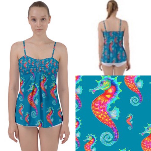 Loose belly tankini top with adjustable straps. Rainbow seahorse art by Juliet Turnbull. MADE TO ORDER