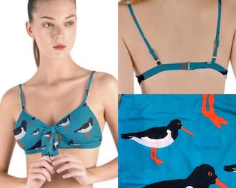 Oyster catcher sea bird art adjustable straps bikini top by Juliet Turnbull. MADE TO ORDER