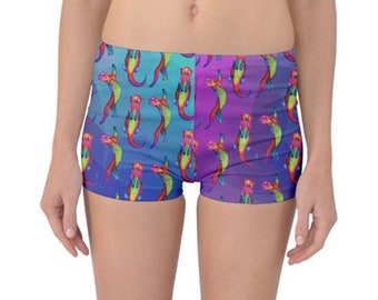 Swim boyleg Shorts. Otter ottering on blue and purple art by Juliet Turnbull. MADE TO ORDER