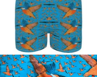 Mens swimming trunks.  Kingfisher embroidery art design by Juliet Turnbull. MADE TO ORDER