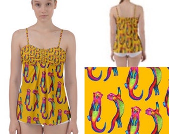 Loose belly tankini top with adjustable straps. Otters ottering on yellow art by Juliet Turnbull. MADE TO ORDER