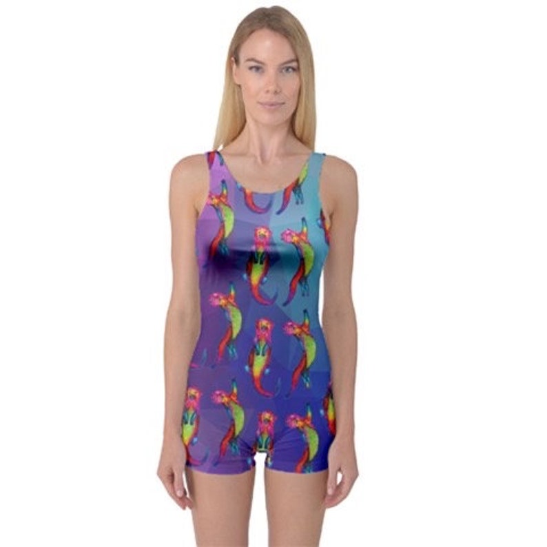 Scoop back shorts swimming costume. Otters Ottering on blue / purple art swimsuit by Juliet Turnbull. MADE TO ORDER image 6