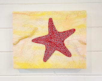 Original Red cushion starfish embroidery art by Juliet Turnbull