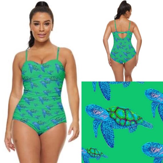 Retro Full Coverage Swimming Costume. Swooshing Turtles Art Print