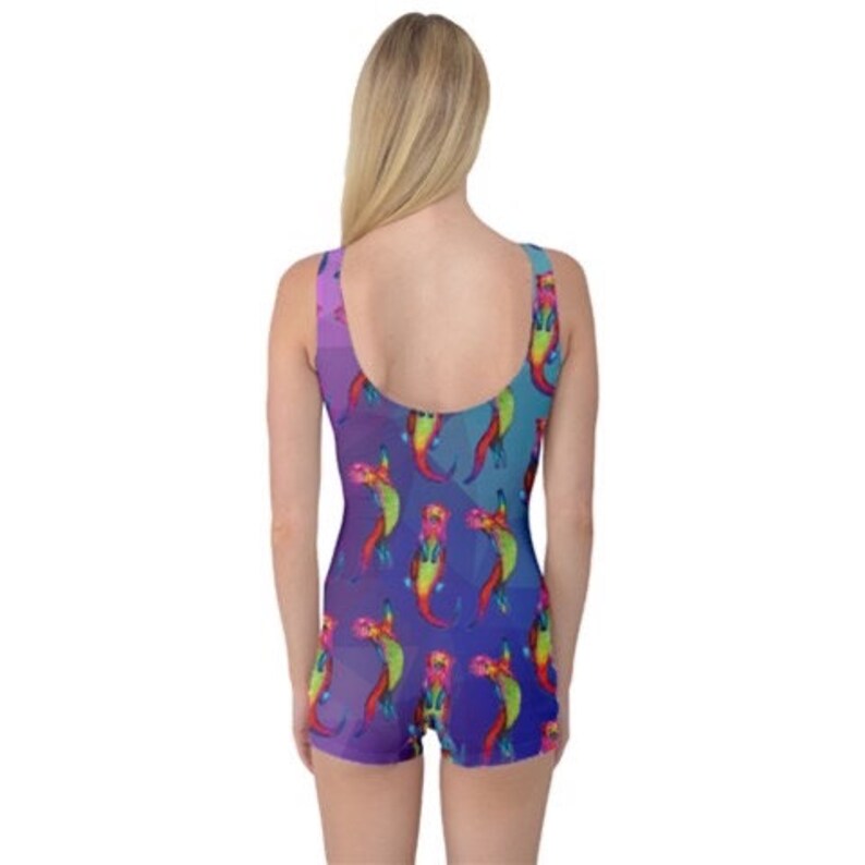 Scoop back shorts swimming costume. Otters Ottering on blue / purple art swimsuit by Juliet Turnbull. MADE TO ORDER image 5