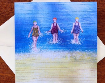 Greetings card ‘Three sea swimming friends’ embroidery art by Juliet Turnbull.  Pack of 5 or singles