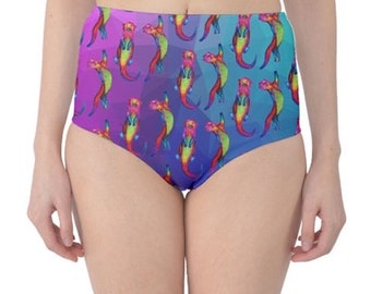 Otters Ottering on blue and purple  art classic high waist bikini bottom by Juliet Turnbull. MADE TO ORDER