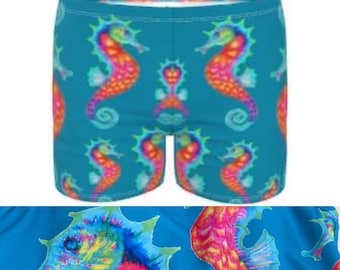 Mens swimming trunks.  Rainbow unity seahorse design by Juliet Turnbull. MADE TO ORDER