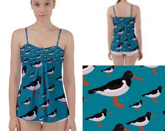 Loose belly tankini top with adjustable straps. Oyster catcher bird art by Juliet Turnbull. MADE TO ORDER