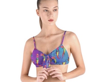 Otters Ottering on blue and purple art adjustable straps bikini top by Juliet Turnbull. MADE TO ORDER